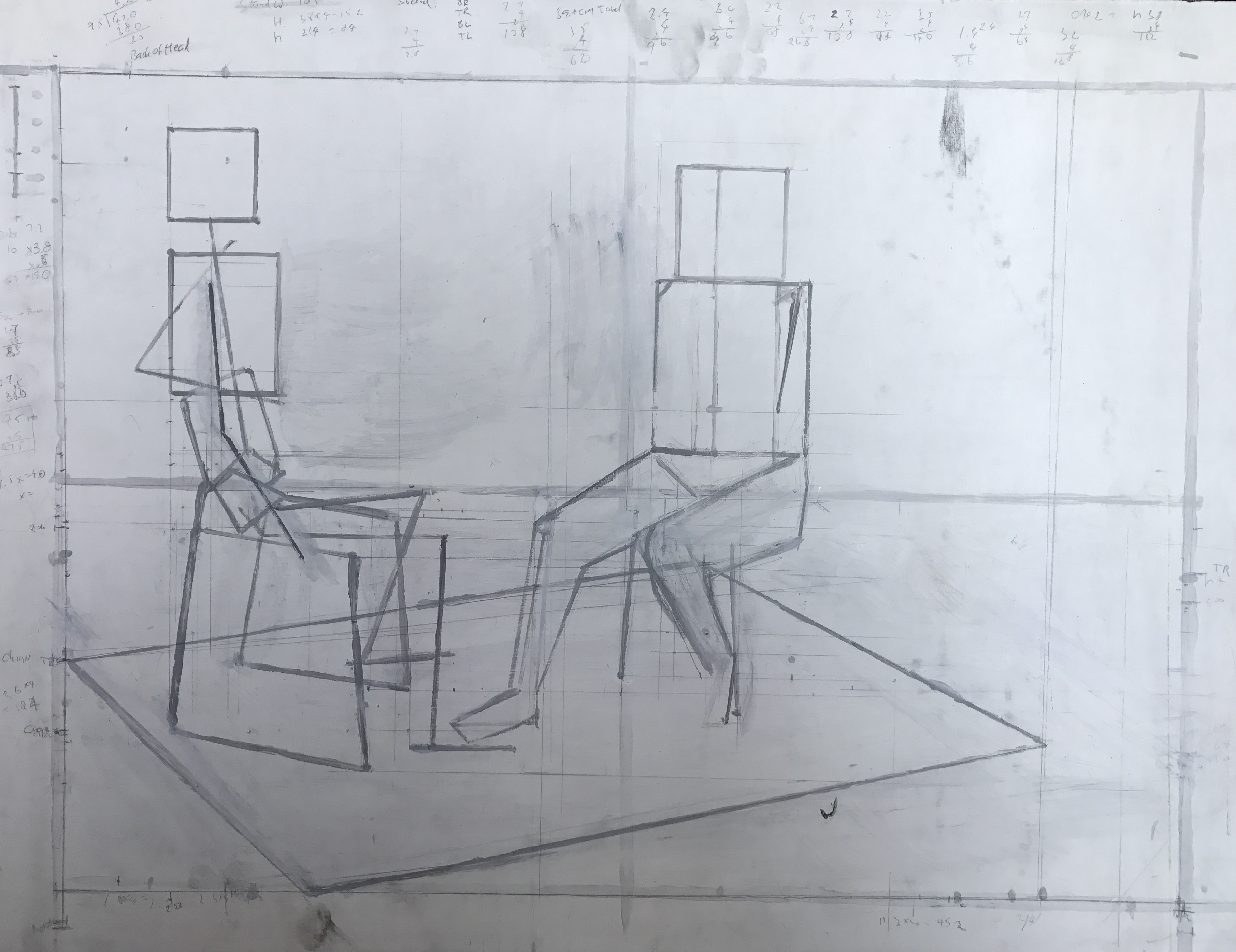  After a series of gestural drawings (left), we spent two weeks measuring every aspect of the scene with nothing but a stick and marks on the floor denoting where we stood. Up until this, I didn’t realize it was possible to stare at a box on the ground for ten days, and see something new everyday. Then we exhaustively measured every aspect of the female model for two more weeks (right). It was strange making eye contact with the model after that, since I thought I knew every crevice of her body, but none of her mind. 